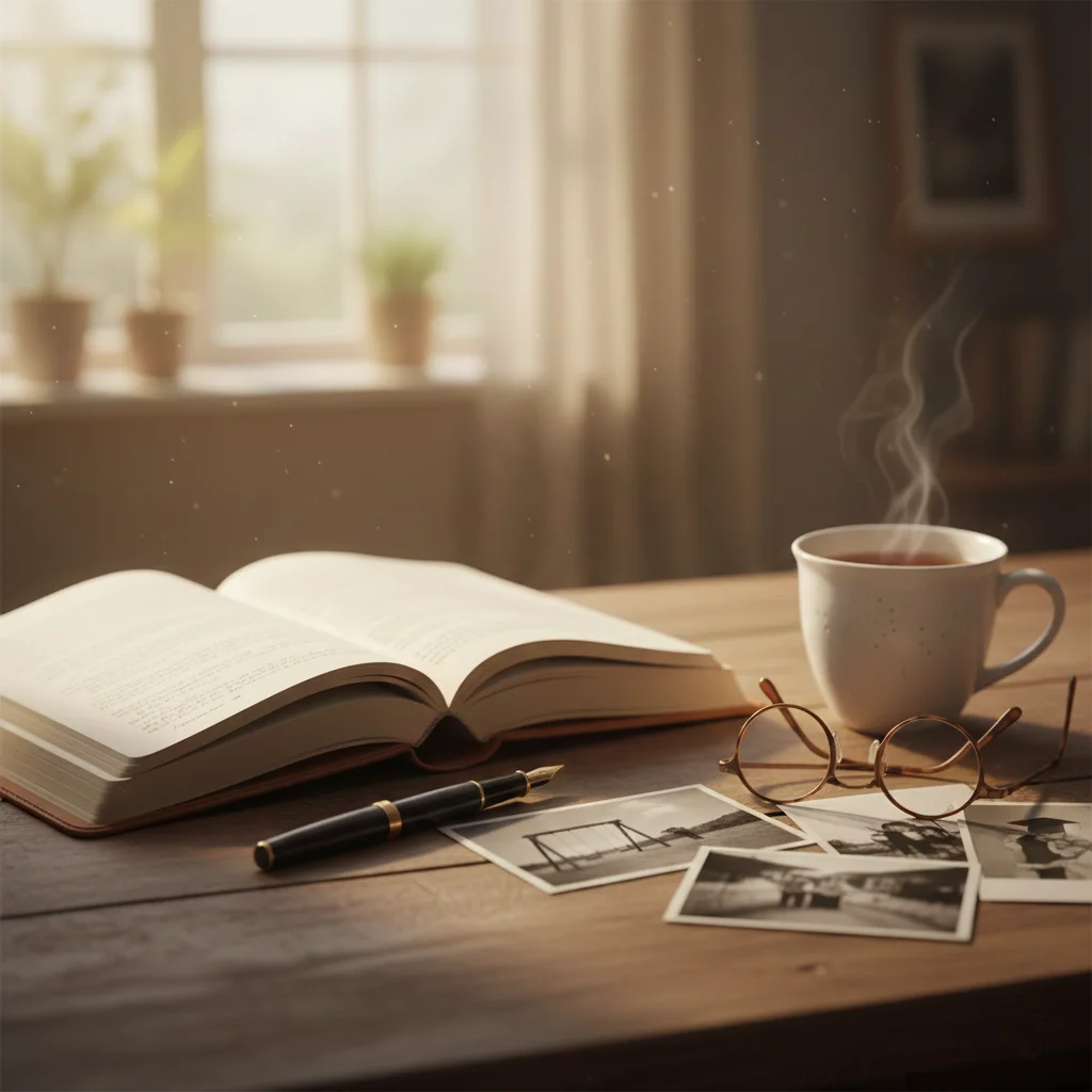 An open book and photographs on a sunlit table